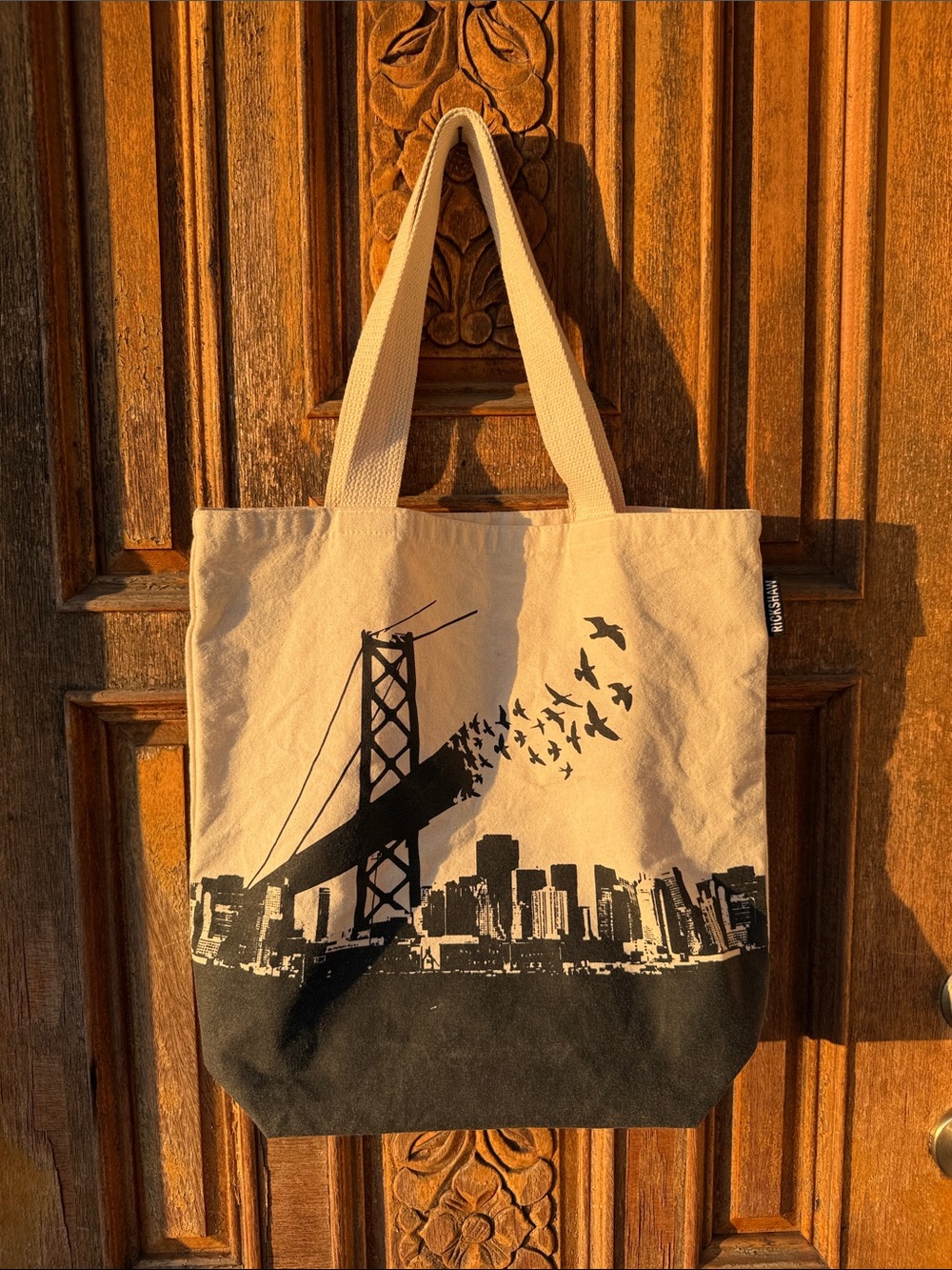Rickshaw San Francisco Canvas Tote Bag with Golden Gate Bridge - Beige & Black